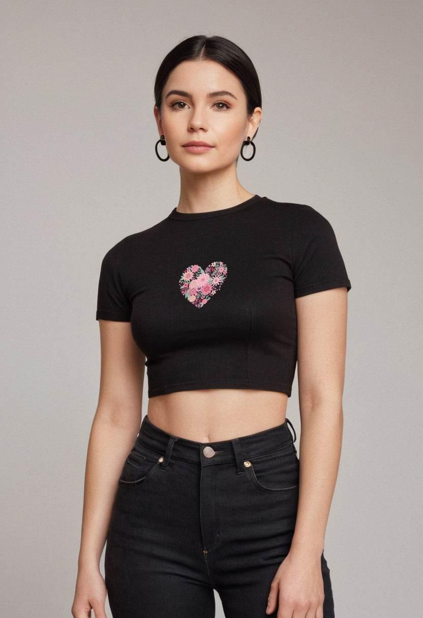 Fowers Heart | Women Crop Top | Black - Avaiya Store