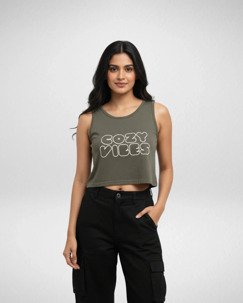 Cozy Vibes | Women’s Crop Tank | Olive Green - Avaiya Store
