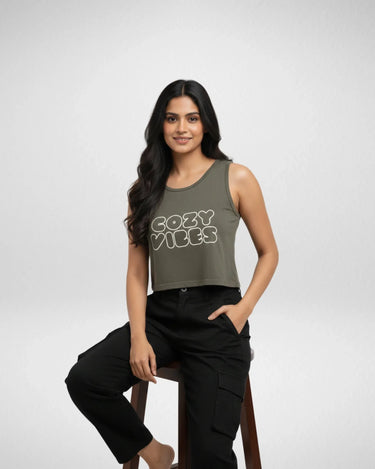 Cozy Vibes | Women’s Crop Tank | Olive Green - Avaiya Store