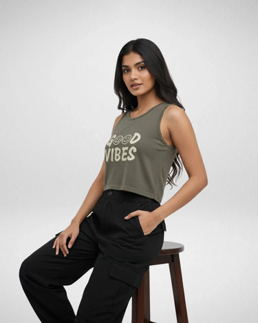 Good Vibes | Women’s Crop Tank | Olive Green - Avaiya Store