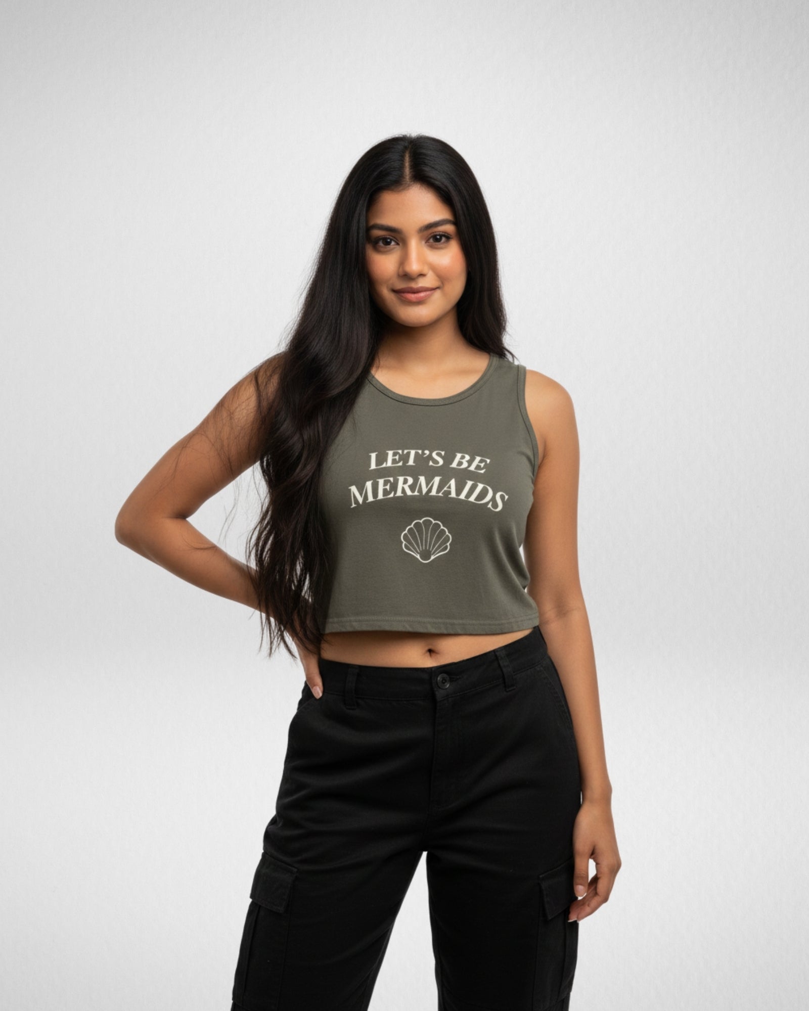 Let's Be Mermaids | Women’s Crop Tank | Olive Green