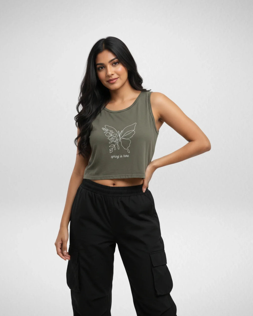 Spring is Here | Women’s Crop Tank | Olive Green