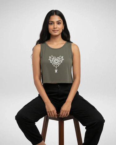 Heart Spider Web | Women’s Crop Tank | Olive Green - Avaiya Store